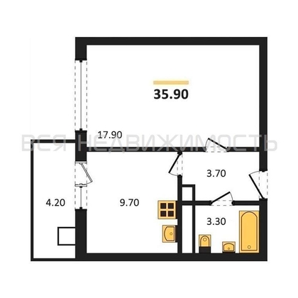 1-комнатная квартира, 35.9кв.м - изображение