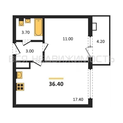 1-комнатная квартира, 36.4кв.м - изображение