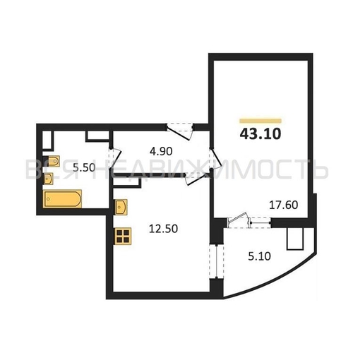 1-комнатная квартира, 43.1кв.м - изображение 0