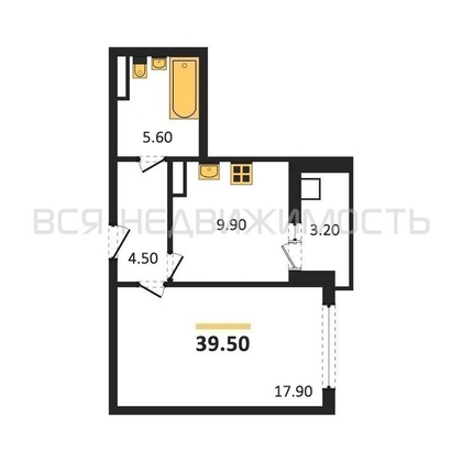 1-комнатная квартира, 39.5кв.м - изображение