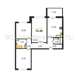 3-комнатная квартира, 74.4кв.м 3-комнатная квартира, 74.4кв.м - изображение 1