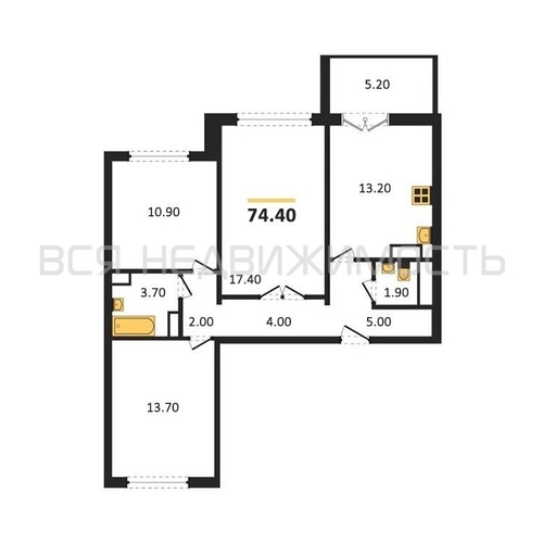 3-комнатная квартира, 74.4кв.м - изображение 0