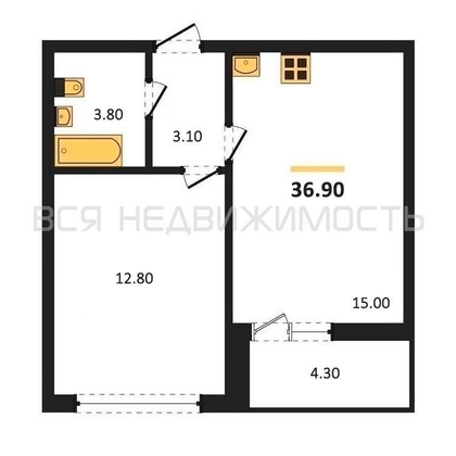 1-комнатная квартира, 36.9кв.м - изображение