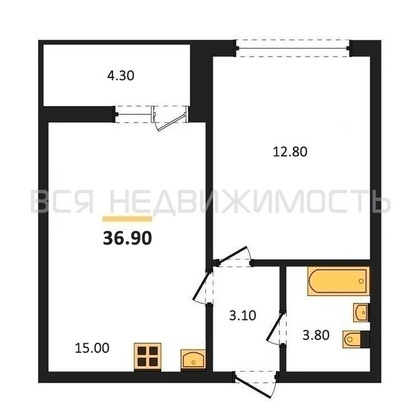 1-комнатная квартира, 36.9кв.м - изображение