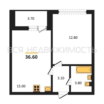 1-комнатная квартира, 36.6кв.м - изображение