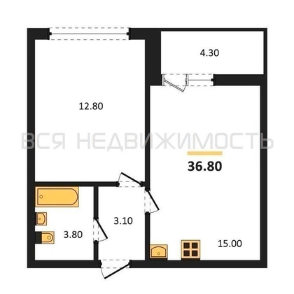 1-комнатная квартира, 36.9кв.м - изображение