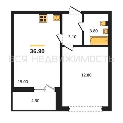 1-комнатная квартира, 36.9кв.м - изображение