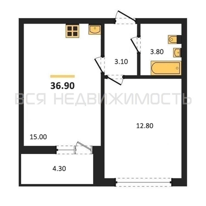 1-комнатная квартира, 36.9кв.м - изображение