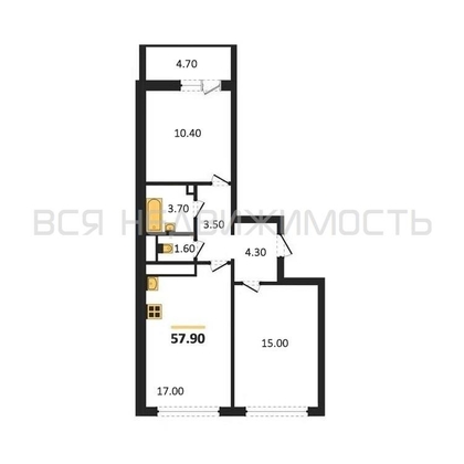 2-комнатная квартира, 57.9кв.м - изображение