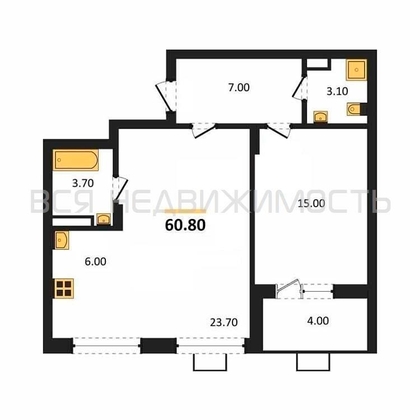 1-комнатная квартира, 60.8кв.м - изображение