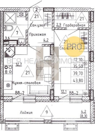 1-комнатная квартира, 39.7кв.м - изображение