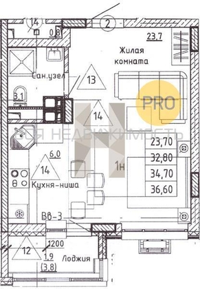 квартира-студия, 34,7кв.м. квартира-студия, 34,7кв.м. - изображение