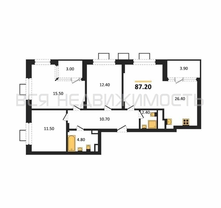 3-комнатная квартира, 87.2кв.м - изображение
