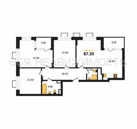 3-комнатная квартира, 87.2кв.м - изображение