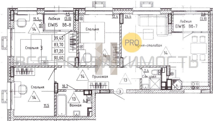 3-комнатная квартира, 87.2кв.м - изображение