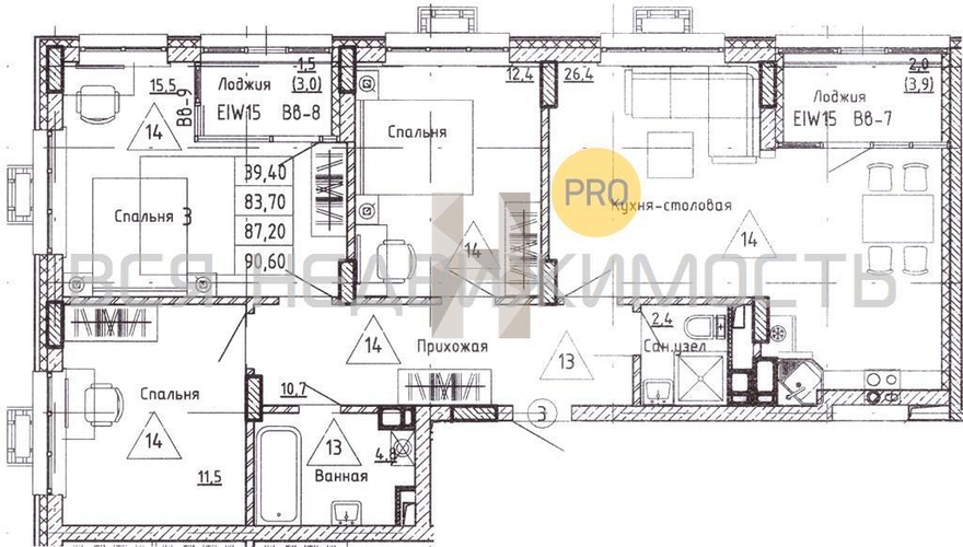 3-комнатная квартира, 87.2кв.м - изображение 0
