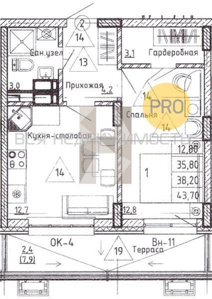 1-комнатная квартира, 38.2кв.м - изображение