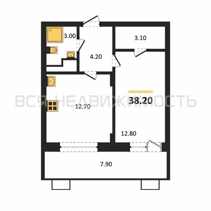 1-комнатная квартира, 38.2кв.м - изображение