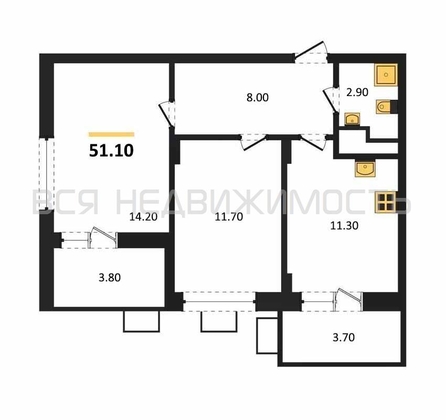 2-комнатная квартира, 51.1кв.м - изображение