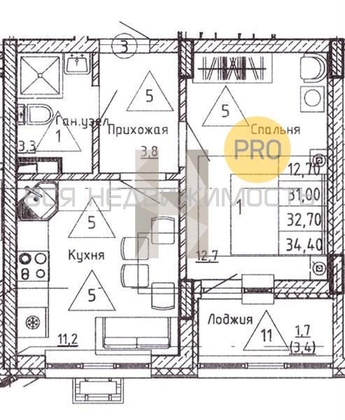 1-комнатная квартира, 32.7кв.м - изображение