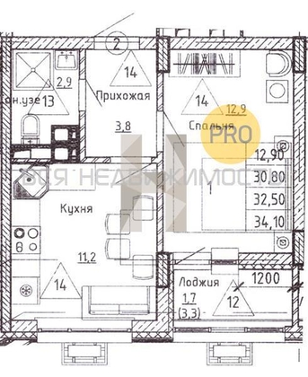 1-комнатная квартира, 32.5кв.м - изображение