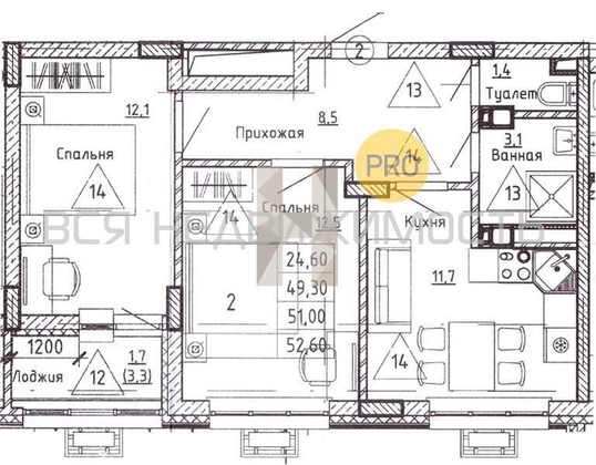 2-комнатная квартира, 51кв.м - изображение