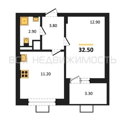 1-комнатная квартира, 32.5кв.м - изображение
