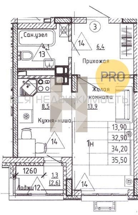 квартира-студия, 34,2кв.м. - изображение