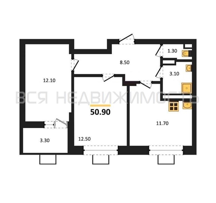 2-комнатная квартира, 50.9кв.м 2-комнатная квартира, 50.9кв.м - изображение