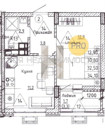 1-комнатная квартира, 32.5кв.м - изображение