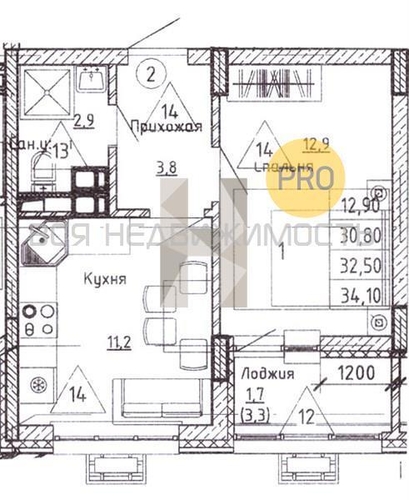 1-комнатная квартира, 32.5кв.м - изображение 0