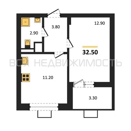 1-комнатная квартира, 32.5кв.м - изображение