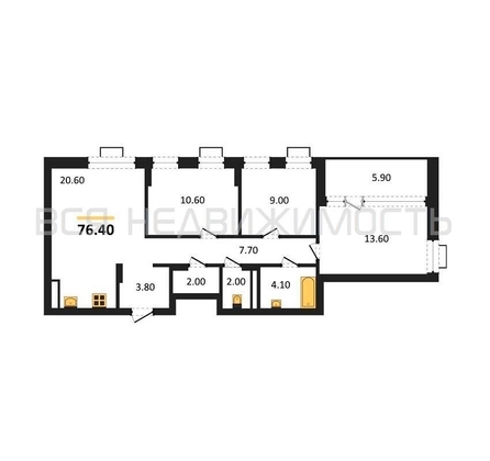3-комнатная квартира, 76.4кв.м - изображение
