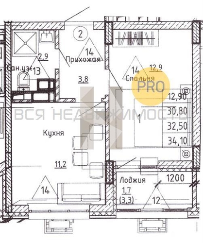 1-комнатная квартира, 32.5кв.м - изображение 0