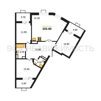 3-комнатная квартира, 103.4кв.м - изображение