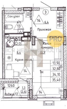 квартира-студия, 34,1кв.м. - изображение