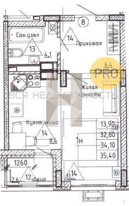 квартира-студия, 34,1кв.м. - изображение