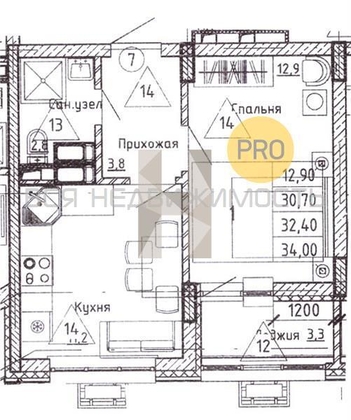 1-комнатная квартира, 32.4кв.м - изображение