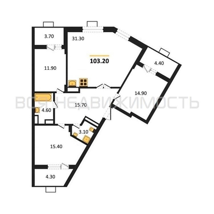 3-комнатная квартира, 103.2кв.м - изображение