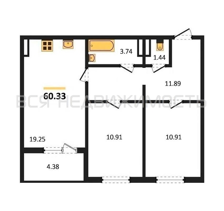 2-комнатная квартира, 60.33кв.м - изображение