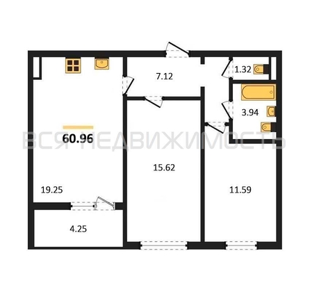2-комнатная квартира, 60.96кв.м - изображение