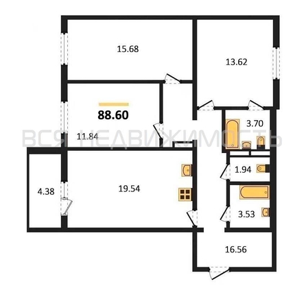 3-комнатная квартира, 88.6кв.м - изображение
