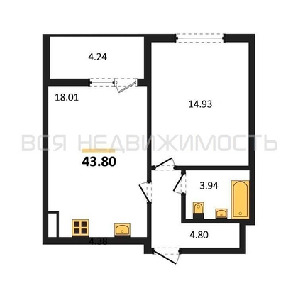 1-комнатная квартира, 43.8кв.м - изображение