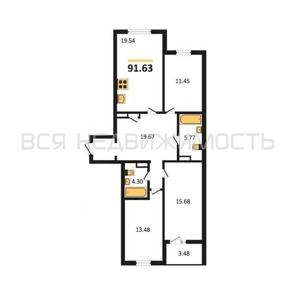 3-комнатная квартира, 91.63кв.м - изображение