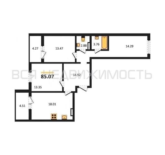 3-комнатная квартира, 85.07кв.м - изображение 0