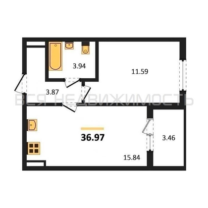 1-комнатная квартира, 36.97кв.м - изображение