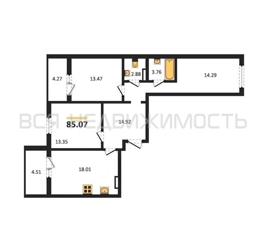 3-комнатная квартира, 85.07кв.м - изображение 0