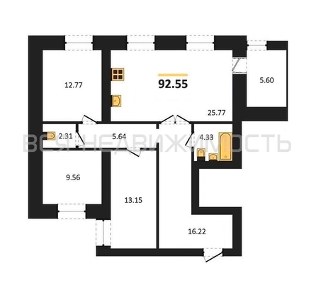 3-комнатная квартира, 92.55кв.м - изображение