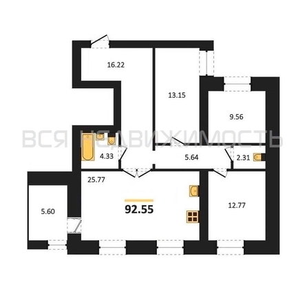 3-комнатная квартира, 92.55кв.м - изображение