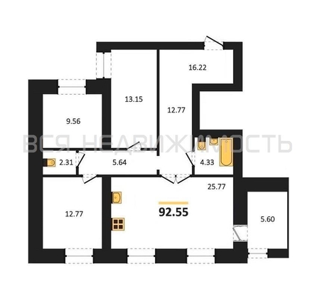 3-комнатная квартира, 92.55кв.м - изображение